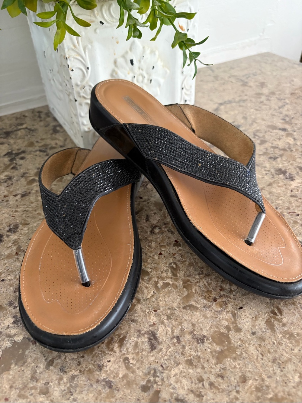 Womens Black Rhinestone Thong Sandals with Cushioned Footbed